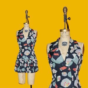 1990s-Y2K PARIS BLUES Powder Box Print Double Breasted Pleated Hem Dress. XS-S